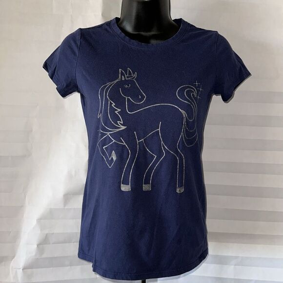 Cat & Jack Girls Dark Blue Unicorn T-Shirt Size 10/12 Short Sleeve Graphic Tee - Picture 1 of 3